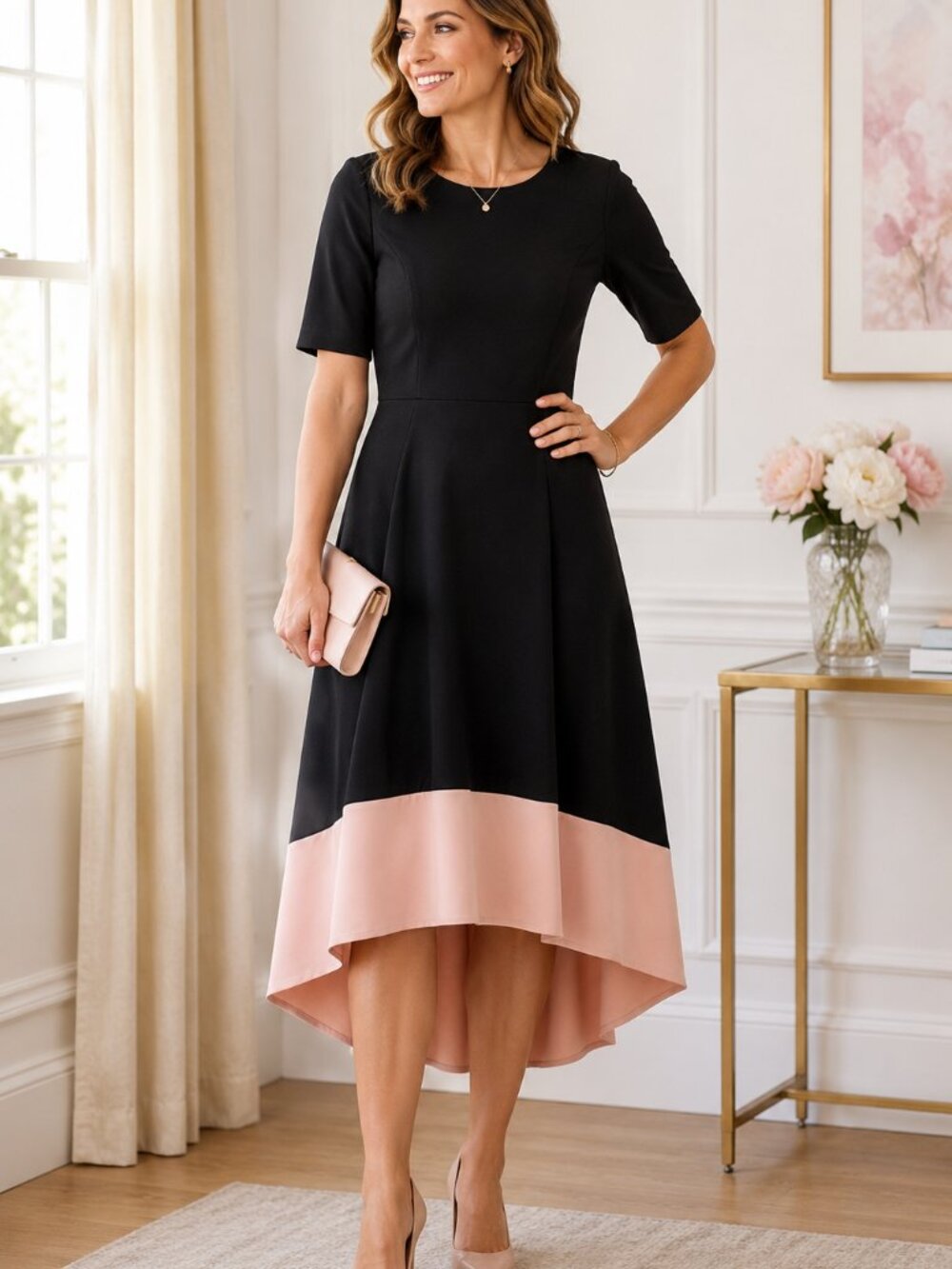 Boden Black Blush Pink Colorblock Fit Flare High Low Dress US 12 1250